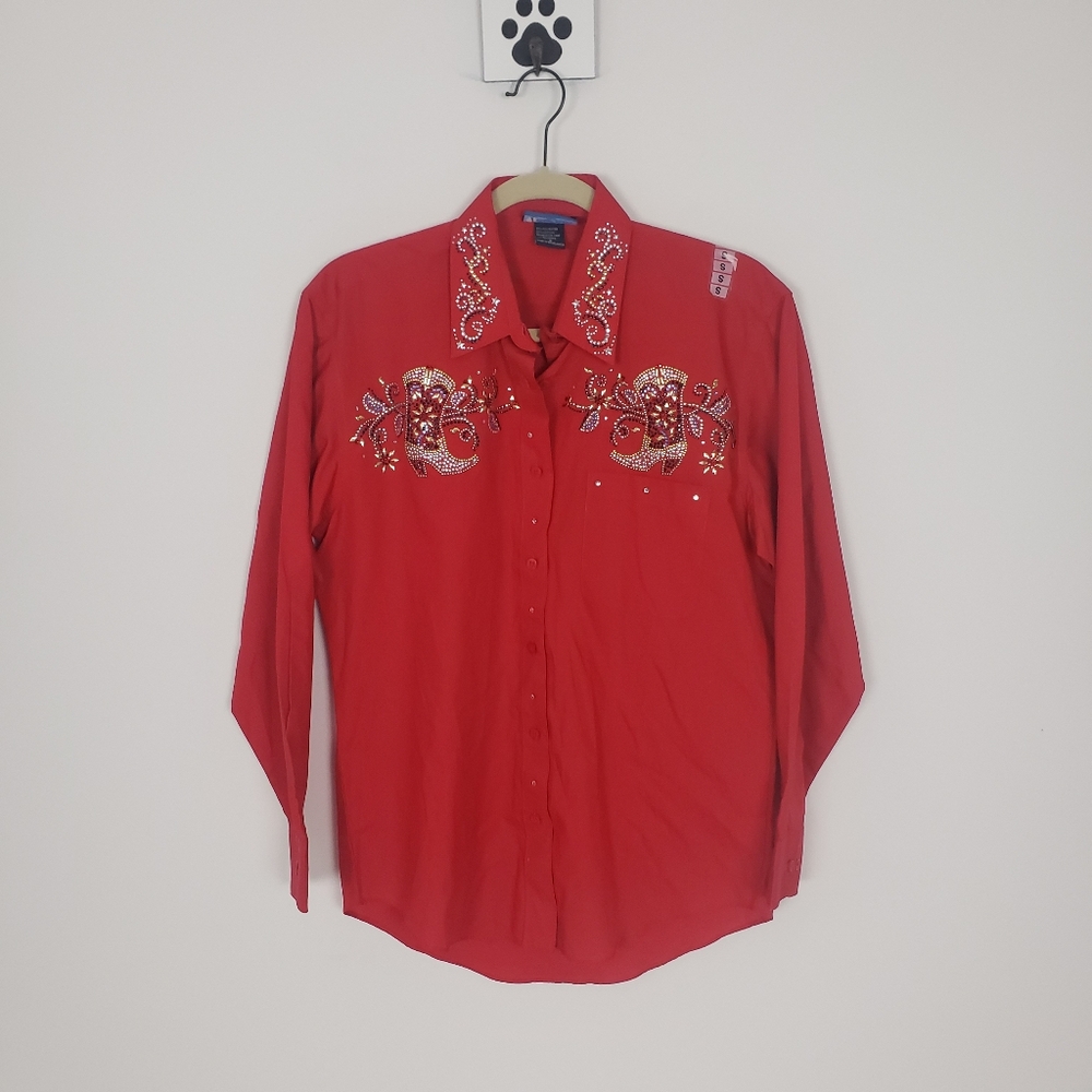 Embellished Red Button Down Shirt